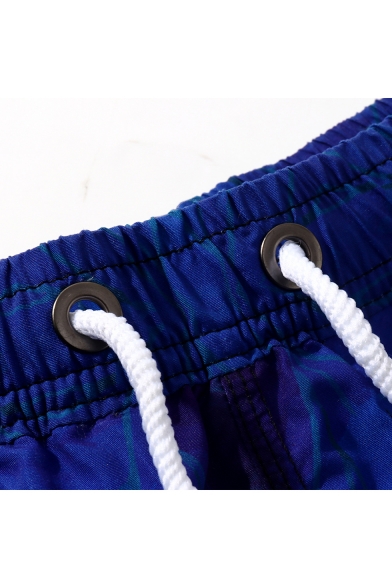 Dark Blue Drawstring Mens Trendy Owl Printed Swim Shorts with Pockets