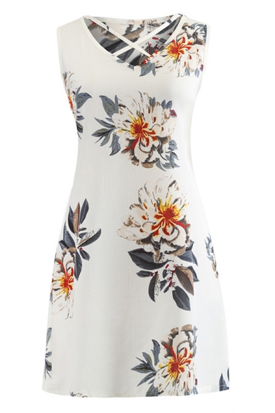 Fancy Floral Printed Crisscross V-Neck Sleeveless Womens Mini Tank Dress