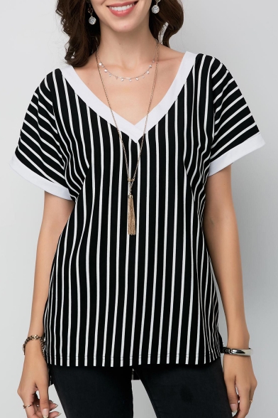 Fashion Black and White Striped Printed V Neck Short Sleeve Tee