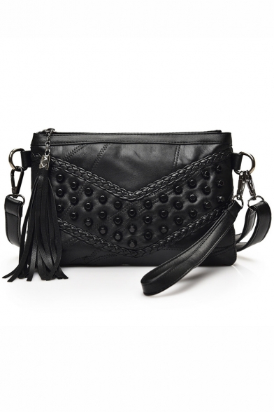 Fashion Plain Rivet Embellishment Black Sheepskin Fringe Crossbody Shoulder Bag 26*3*16 CM