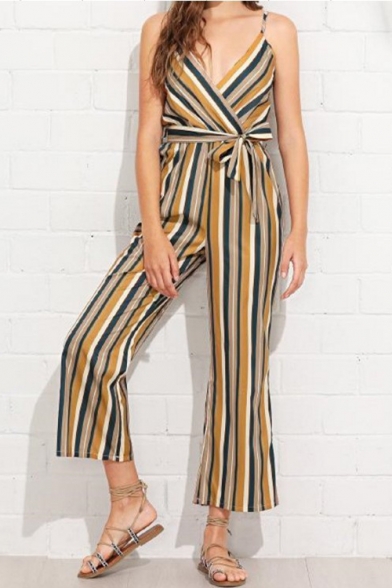 Fashion Yellow Striped Printed V-Neck Straps Bow-Tied Waist Wide Leg Pants Jumpsuits