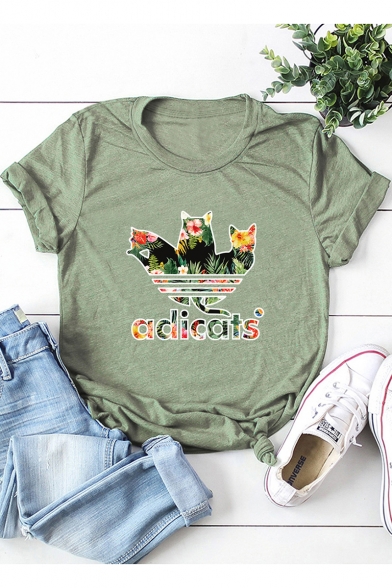 Funny Leaf Cat Adicats Letter Printed Relaxed Cotton Graphic Tee