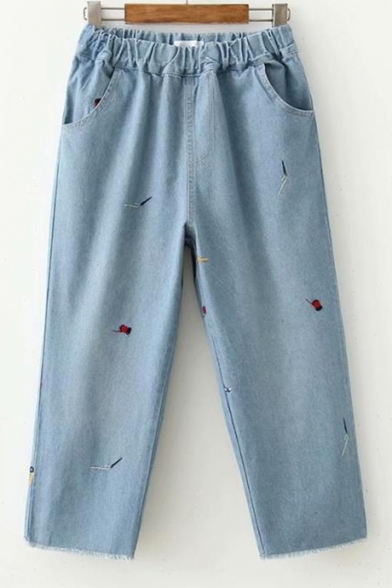 Girls Lovely Simple Embroidery Elastic Waist Light Blue Wide-Leg Jeans