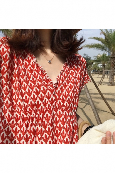 Girls Summer Fashionable Leaf Printed V-Neck Short Sleeve Mini A-Line Red Chiffon Dress