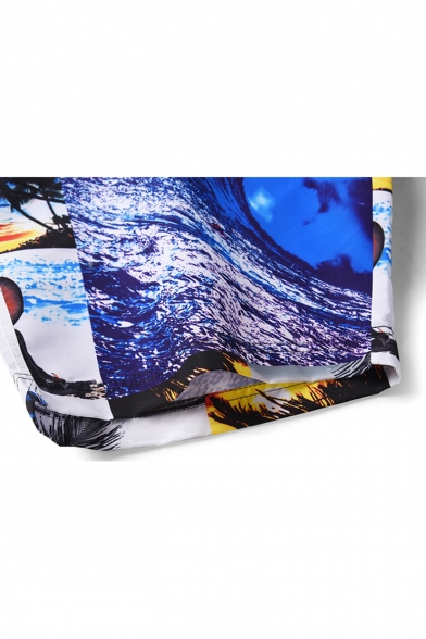 Guys Cool Blue Wave Pattern Drawstring Waist Beach Swimwear Swim Trunks with Liner