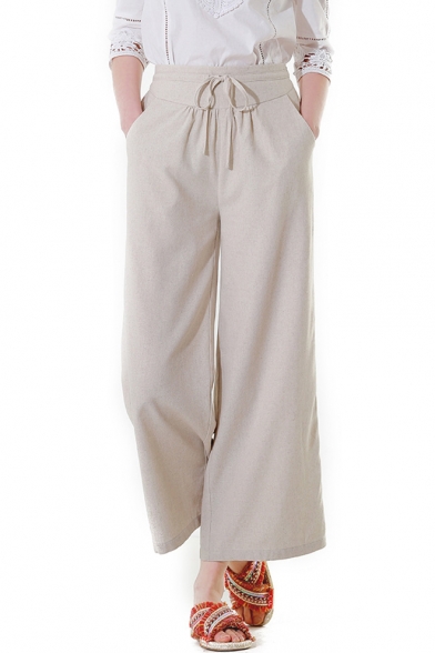 Hot Fashion Womens Solid Color Tied Waist Linen Cropped Wide Leg Pants