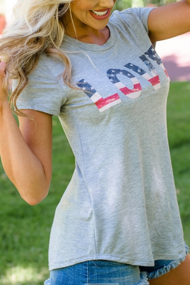 LOVE Letter Flag Printed Gray Round Neck Short Sleeve Casual Tee
