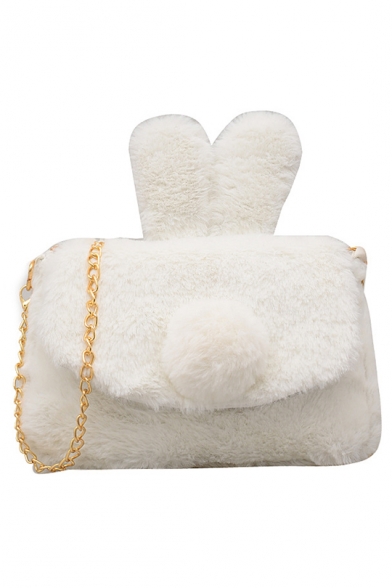 Lovely Solid Color Rabbit Ear Patched Plush Crossbody Bag with Chain Strap