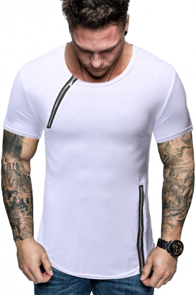 Men's New Trendy Zip-Embellished Round Neck Short Sleeve Fitted Plain T-Shirt
