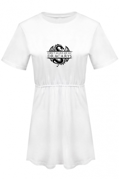 New Fashion Basic Round Neck Short Sleeve Dragon Dracarys Print Mini T-Shirt Dress A-Line Dress