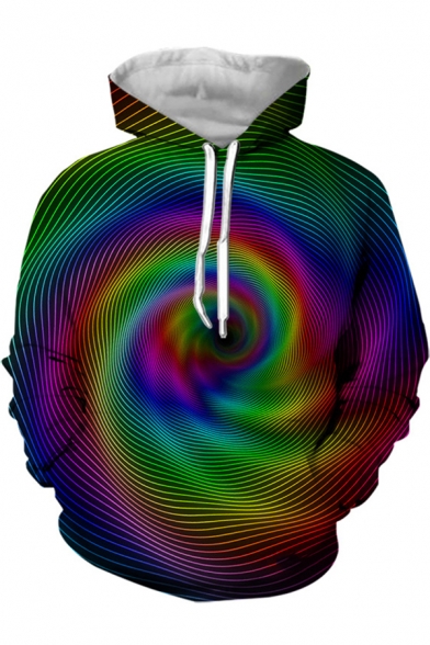 New Fashion Colorful Ombre Whirlpool Pattern Long Sleeve Pullover Drawstring Hoodie