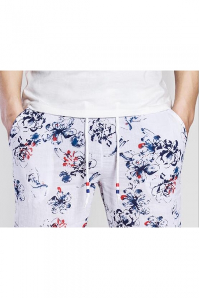 New Fashion Flower Printed Drawstring Waist Linen Sporty Casual Pants for Men