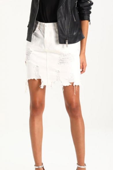 New Stylish Destroyed Ripped Frayed Hem Mini White Bodycon Denim Skirt