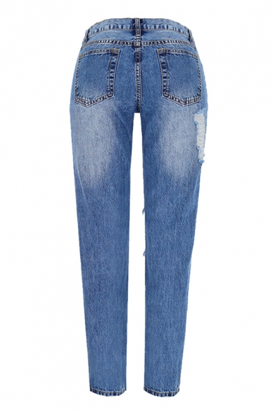 New Stylish Distressed Ripped Big Hole Knee Cropped Blue Straight Jeans for Women