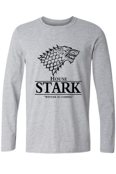 New Stylish Wolf Head HOUSE STARK Printed Round Neck Long Sleeve T-Shirt