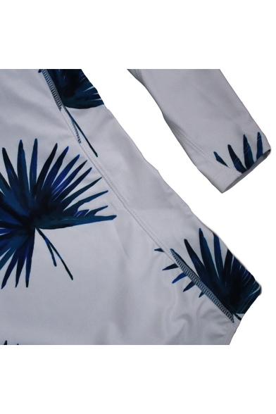 New Trendy Dandelion Pattern Stand Collar Zip Front Long Sleeve White Rash Guard One Piece Swimsuit