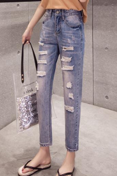New Trendy Destroyed Ripped Vintage Washed Straight Fit Ankle Jeans for Women