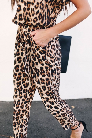 New Trendy Khaki Leopard Pattern V-Neck Short Sleeve Slim Jumpsuits