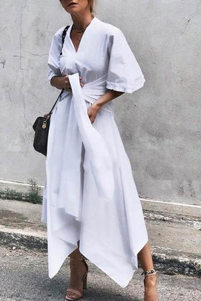 New Trendy Simple Plain Sexy V-Neck Half Sleeve Bow-Tied Waist Asymmetrical Maxi Dress For Women
