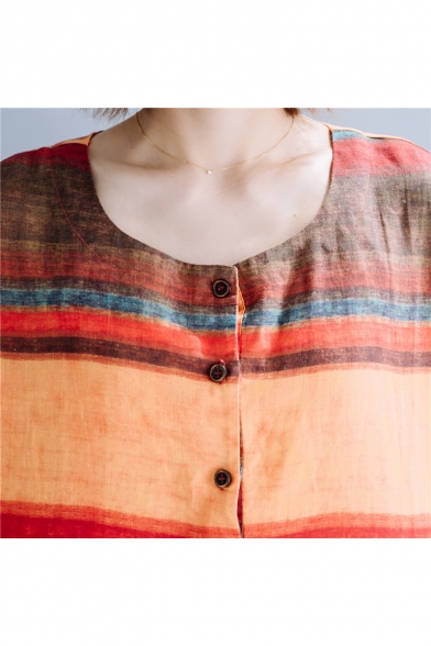 New Trendy Stripe Printed Round Neck Short Sleeve Button Front Casual Brick-Red Tee for Women
