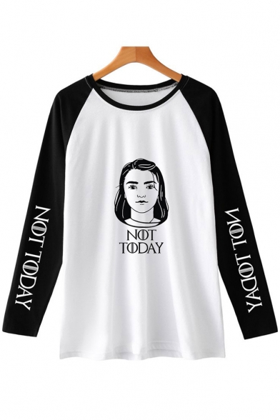 Popular Figure Letter NOT TODAY Colorblock Long Sleeve Relaxed Fit T-Shirt