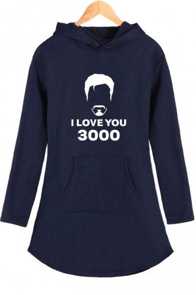 Popular Letter I Love You 3000 Figure Pattern Long Sleeve Hooded Dress