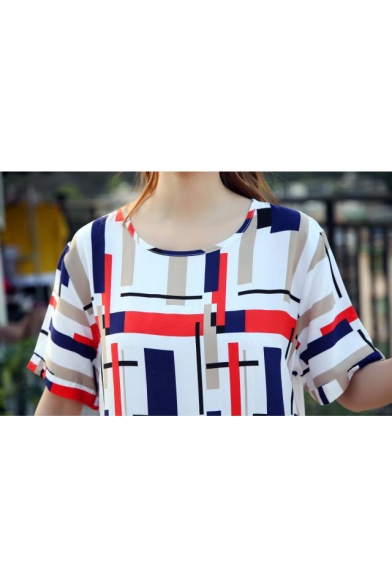 Red and Blue Colorblocked Round Neck Womens Summer Loose Fit T-Shirt