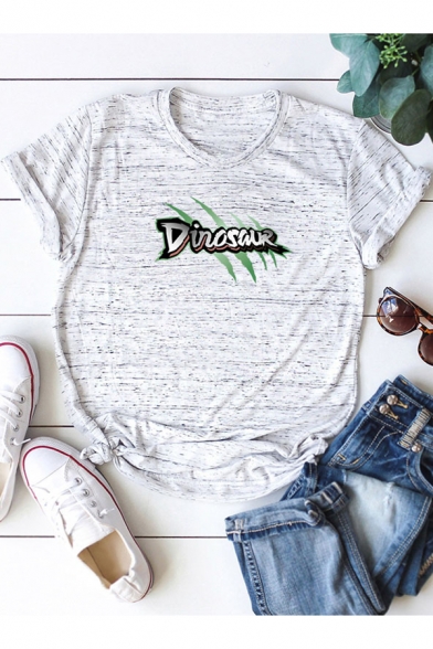 Simple Letter DINOSAUR Printed Short Sleeve Round Neck Cotton Loose Tee