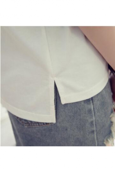 Simple Letter GIRLS Chic Denim Patched Sleeve Casual Loose Summer Tee