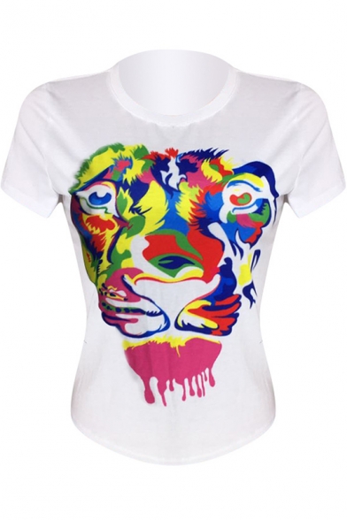 Street Fashion Cool Colorful Tiger Head White Short Sleeve T-Shirt
