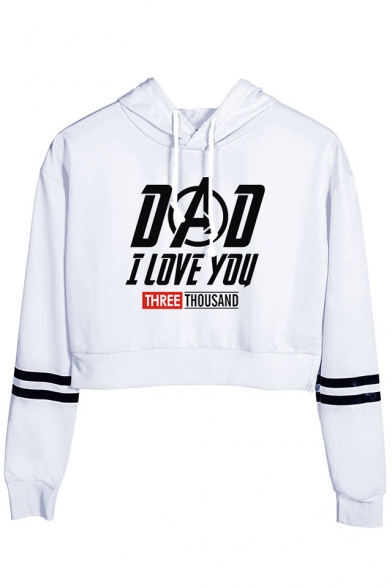 Stylish Letter DAD I LOVE YOU THREE THOUSAND Print Striped Long Sleeve Pullover Cropped Hoodie