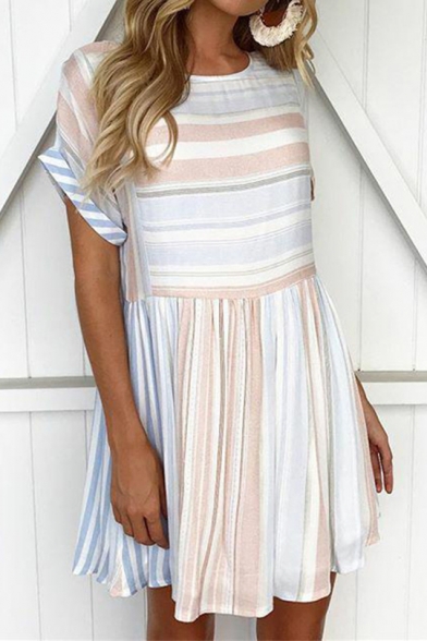 

Summer Basic Round Neck Short Sleeve Fashion Striped Printed Mini A-Line Pleated Dress, LM523410