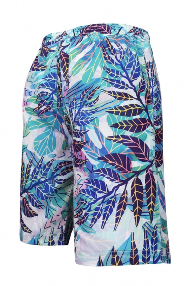 Summer Blue Tropical Leaf Printed Drawstring Waist Mens Loose Surfing Swim Shorts with Liner