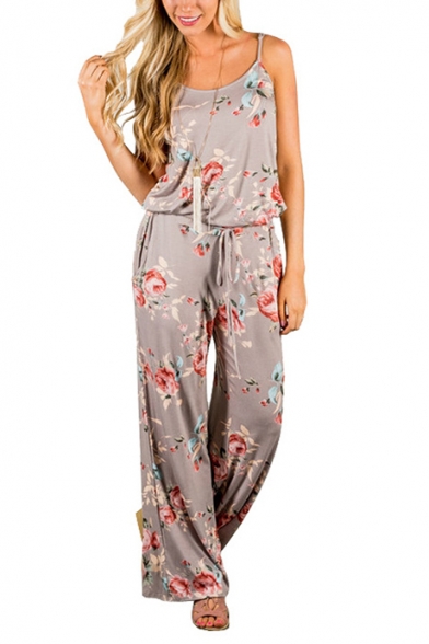 Summer Chic Floral Printed Spaghetti Straps Drawstring Waist Casual Relaxed Jumpsuits