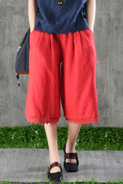Summer Chic Lace Trim Basic Solid Color Comfort Linen Wide-Leg Cropped Culotte Pants