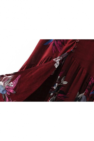 Summer Fancy Floral Bird Pattern Ruffle Hem Button Down Maxi Cotton Skirt
