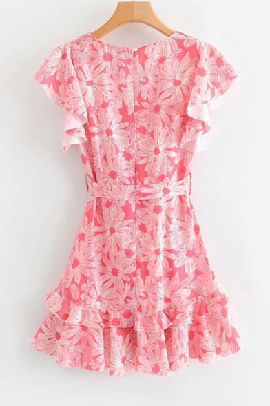 Summer Girls Fashion Red Floral Printed Ruffled Hem V-Neck Bow-Tied Waist Mini A-Line Dress