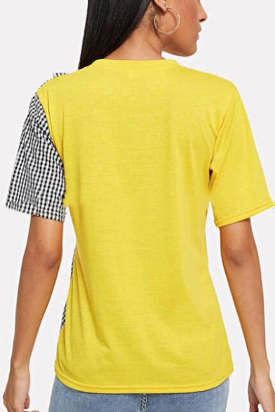 Summer Hot Fashion Letter GIVE ME Plaid Ruffled Patchwork Relaxed Yellow Tee