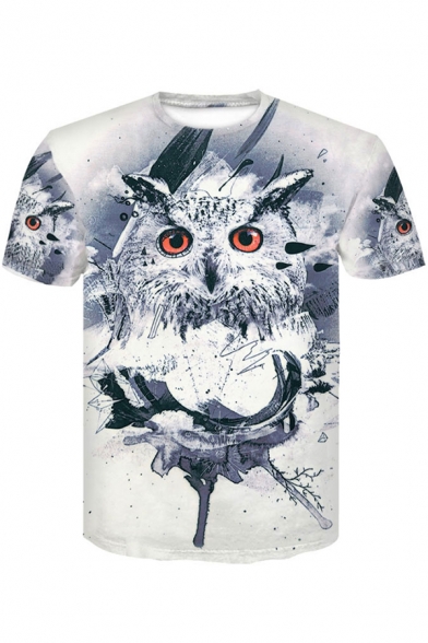 Summer Hot Popular 3D Owl Printed Basic Round Neck Short Sleeve White T-Shirt For Men