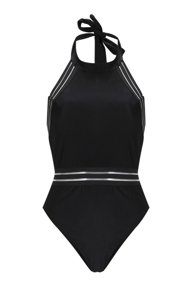 Summer New Trendy Simple Plain Halter Neck High Leg Womens Slim One Piece Swimsuit Swimwear