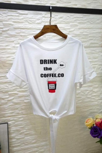 Summer Simple Funny Letter DRINK THE COFFEE Short Sleeve Tied Hem Cotton Loose Tee