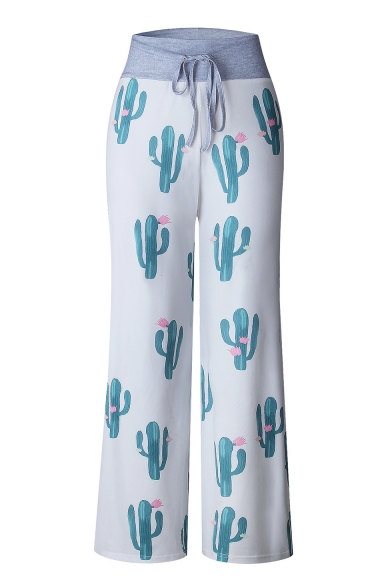 Summer Trendy Allover Cactus Pattern Womens Drawstring Waist White Casual Wide-Leg Pants