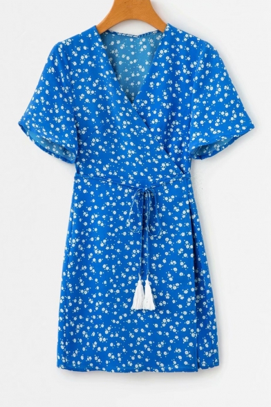 Summer Trendy Blue Floral Printed Surplice V-Neck Tied Waist Mini A-Line Dress