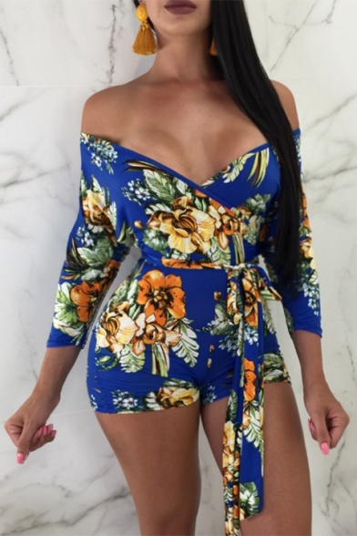 Summer Women's Chic Floral Printed Sexy Plunged V-Neck Three-Quarter Sleeve Tied Waist Slim Fit Rompers