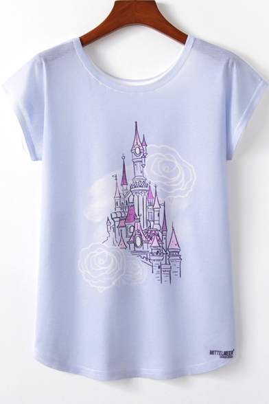 Trendy Castle Floral Printed Round Neck Short Sleeve loose Purple Tee For Girls