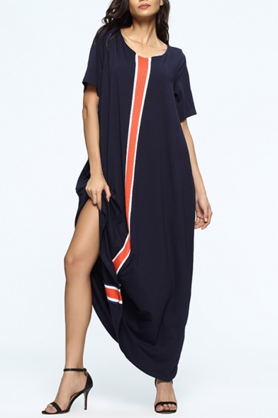 Trendy Fashion Navy Stripes Color Block Round Neck Short Sleeve Maxi Muslin Dress For Women