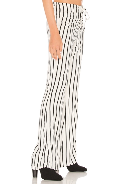 Trendy Lace-Up Tied Front White Vertical Stripe Printed Wide Leg Pants for Women