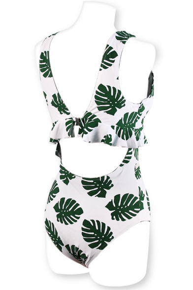 Unique Tropical Leaf Printed V-Neck Hollow Out Ruffle Detail Open Back White One Pieces Swimwear