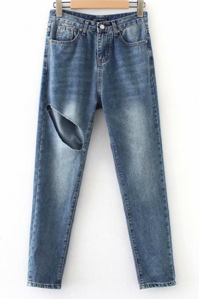 Vintage Blue Cutout Solid Color Womens Summer Regular Fit Jeans