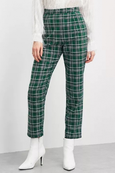 Vintage Classic Plaid Printed High Rise Cotton Loose Casual Pants Trousers for Women